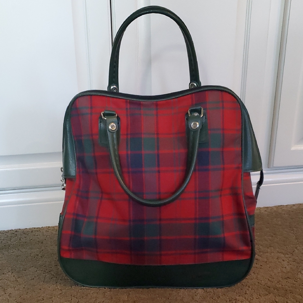Vintage ATLANTIC Luggage Plaid Red & Green Weekender Tote Travel Bag 14"x15"x7"